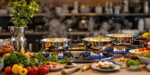 Bain Marie gas setup with steaming pots in kitchen.