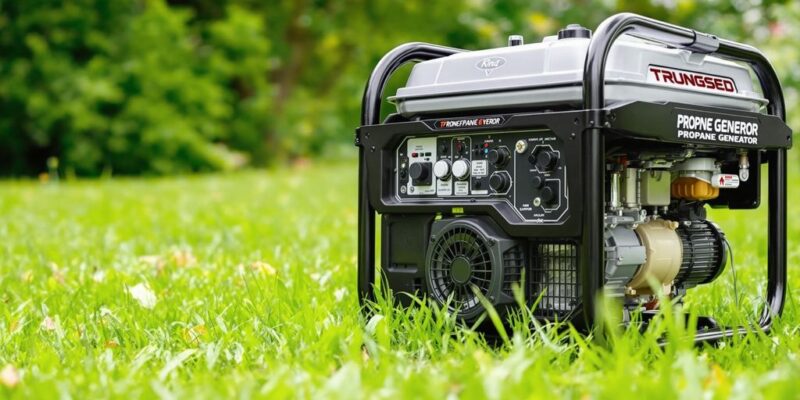 A modern propane generator in a natural outdoor setting.