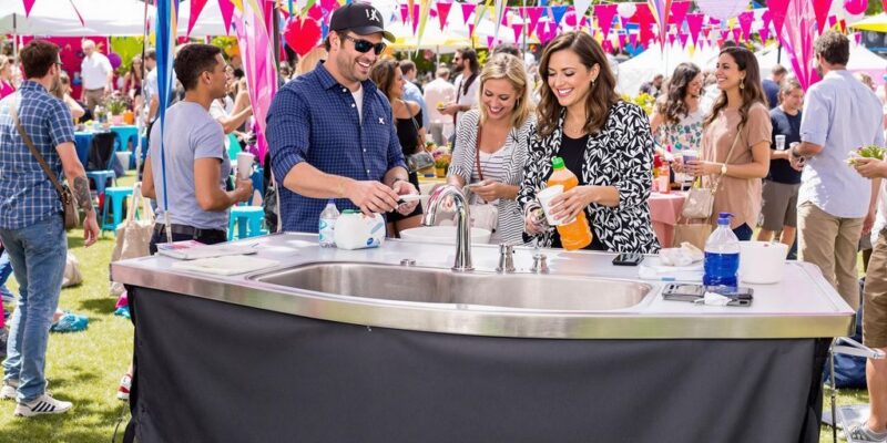 Portable sink at an outdoor event with vibrant decor.