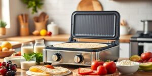 Gas crepe machine with fresh ingredients in a kitchen.