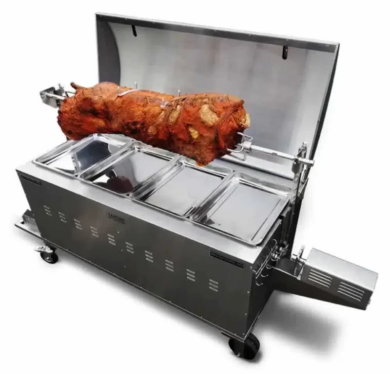Roasted chicken in a sleek spit roast oven.