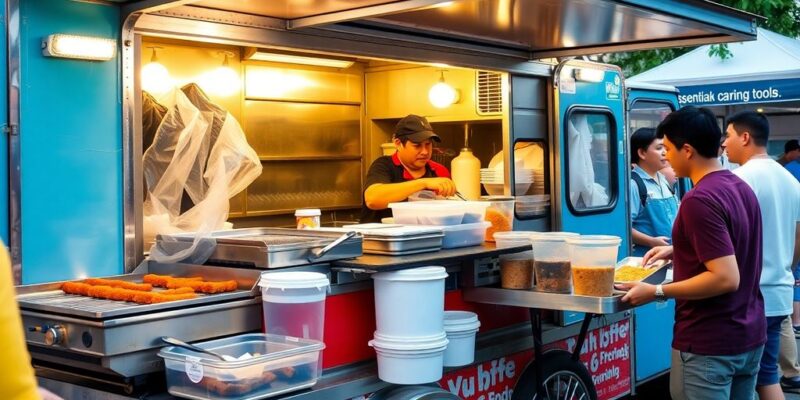 Food truck with catering equipment and delicious street food.