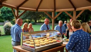 Outdoor catering with LPG pie cabinet in gazebo.