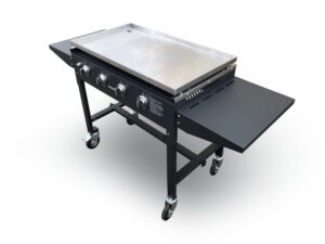 LPG gas griddle with stainless steel top and side tables.