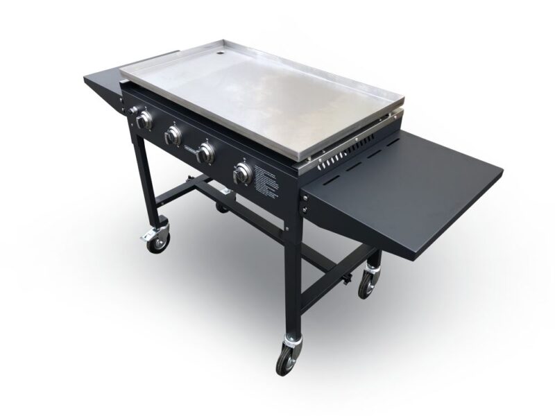 LPG gas griddle with stainless steel top and side tables.