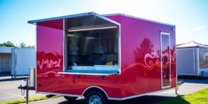 Brightly painted food trailer with open serving window.