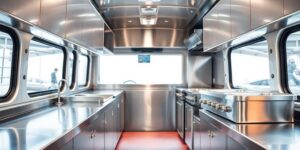 Clean food truck interior, gleaming stainless steel surfaces.
