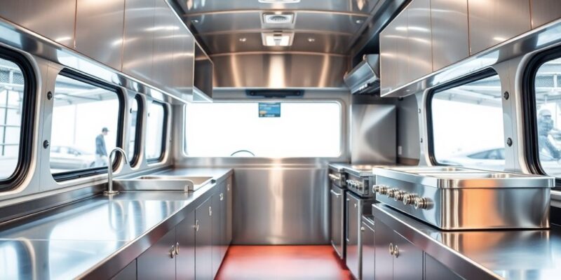 Clean food truck interior, gleaming stainless steel surfaces.