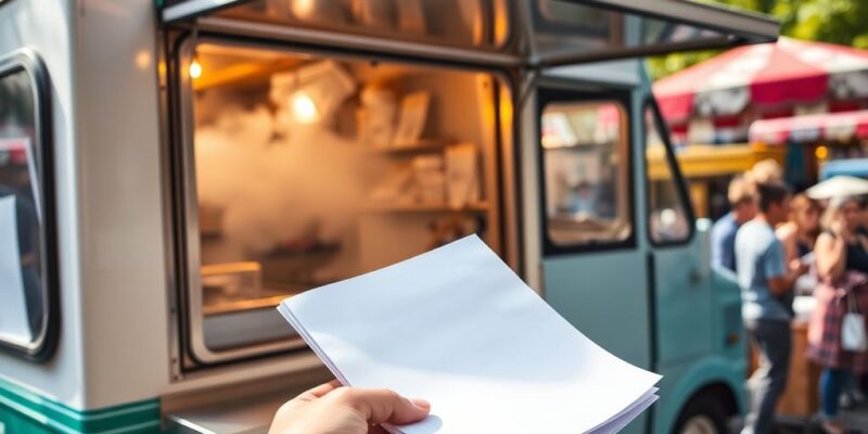 Mobile catering van with insurance documents.
