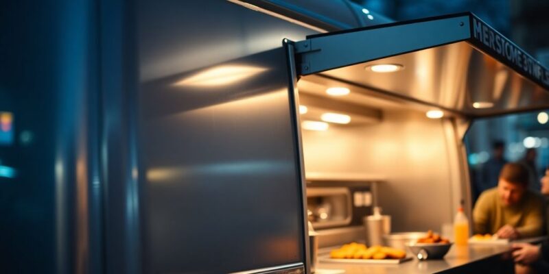 A modern food truck against a blurred bustling UK street.