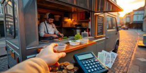Food truck chef slicing vegetables beside British pound coins, calculator