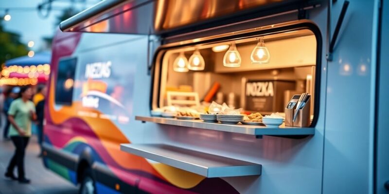 Mobile catering van exterior with food preparation.