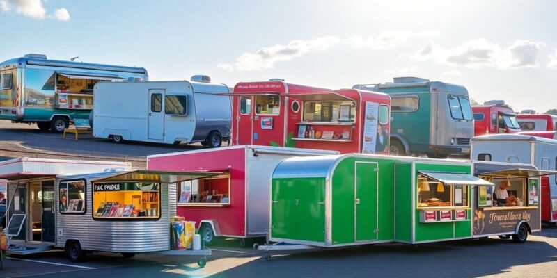 Diverse mobile catering units on UK streets.