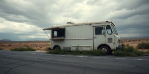 A forlorn food truck abandoned on a lonely road.