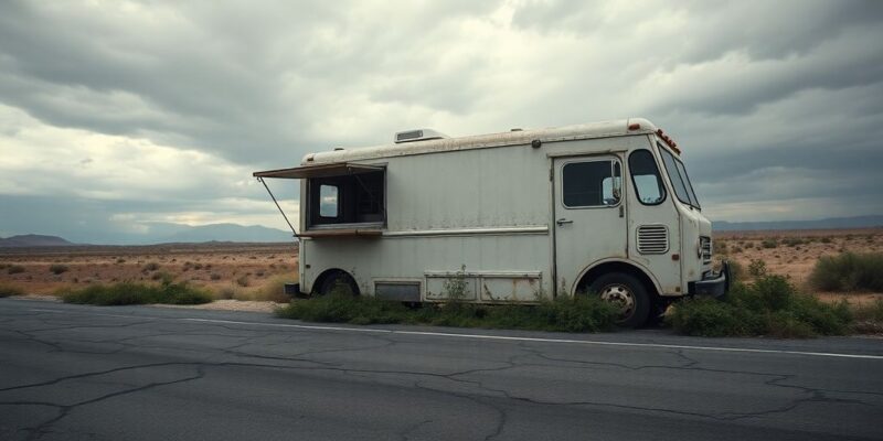 A forlorn food truck abandoned on a lonely road.