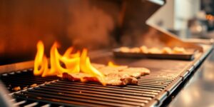 Close-up of a gleaming stainless steel chargrill with flames.