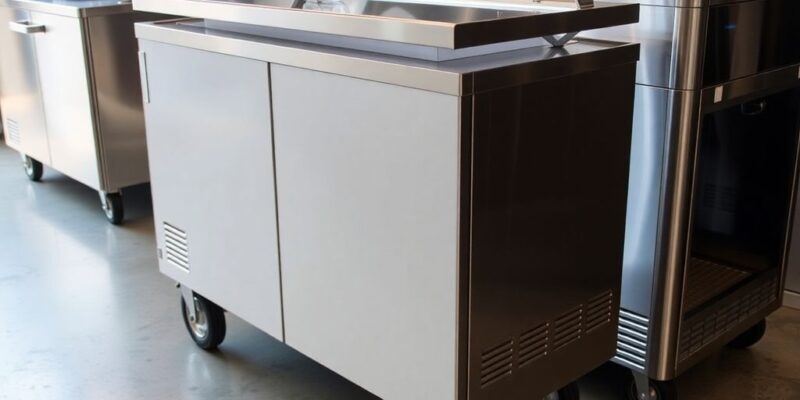Shiny mobile catering fridges in a professional kitchen.