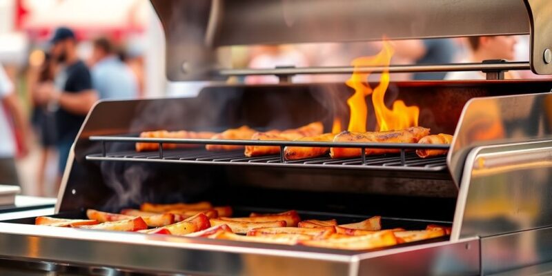 Commercial gas chargrill cooking food outdoors.