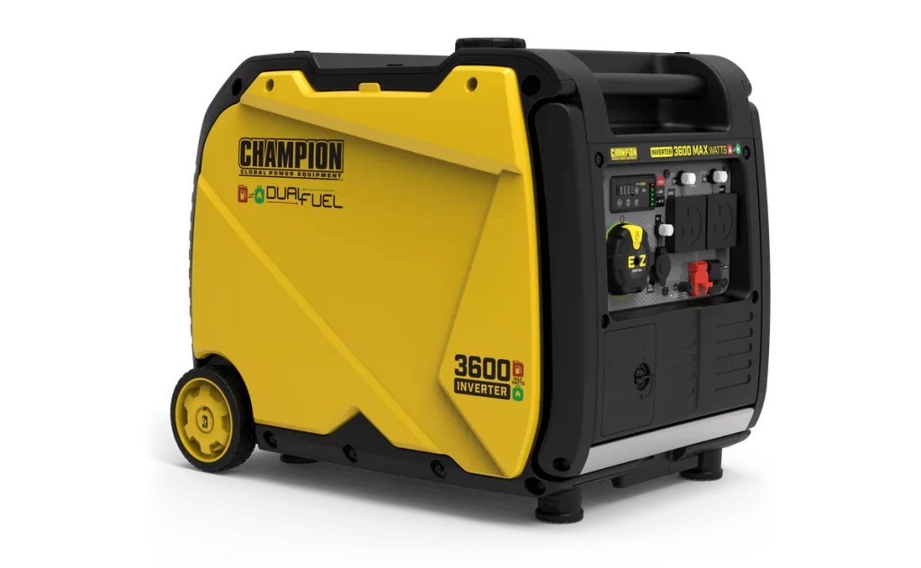 Champion 3600W dual fuel inverter generator, outdoor setting.