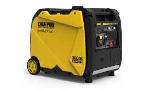Champion 3600W dual fuel inverter generator, outdoor setting.