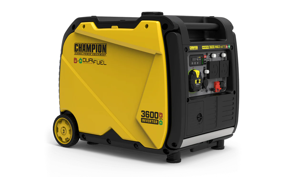 Champion 3600W dual fuel inverter generator, outdoor setting.
