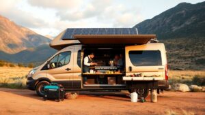 Catering van powered by solar and generator outdoors.
