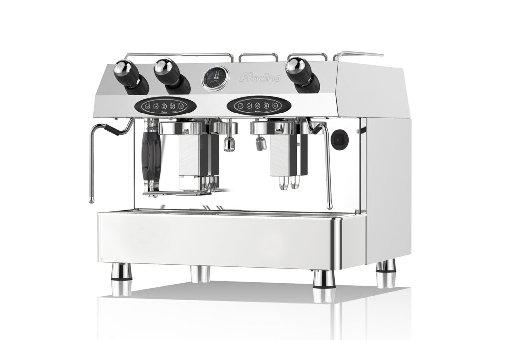 Modern one-group commercial coffee machine on café counter