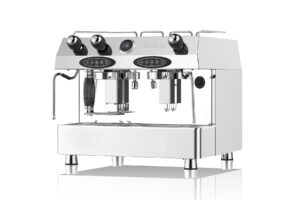 Modern one-group commercial coffee machine on café counter