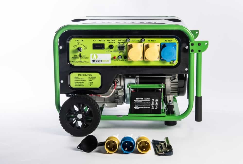 Greengear 5kW generator outdoors, ready for home power.