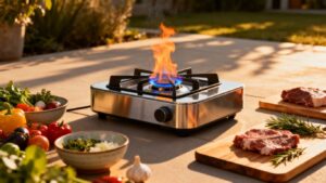 Outdoor gas burner cooking an al fresco meal.