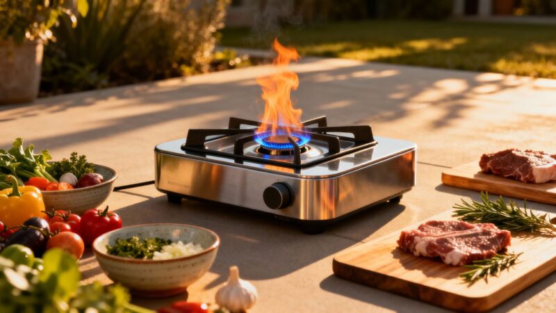Outdoor gas burner cooking an al fresco meal.