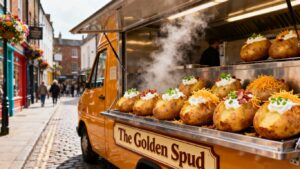 A gourmet baked potato van on a UK street.