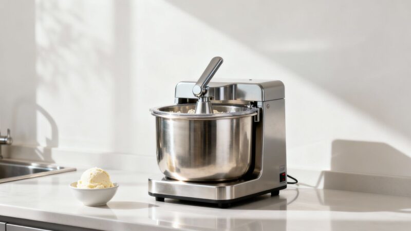 Commercial ice cream maker machine on a clean kitchen counter.