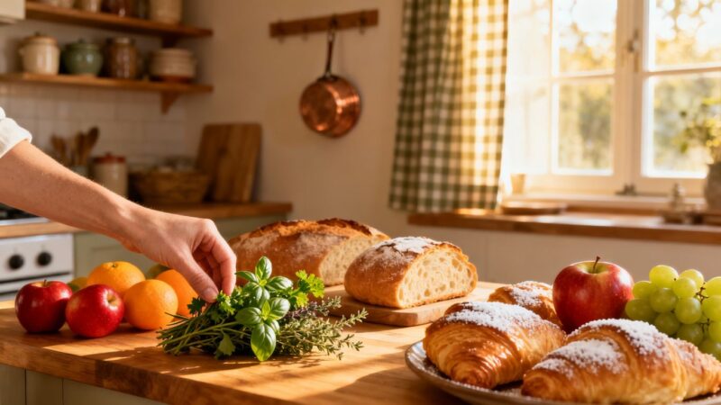 Home kitchen with baked goods and fresh ingredients.