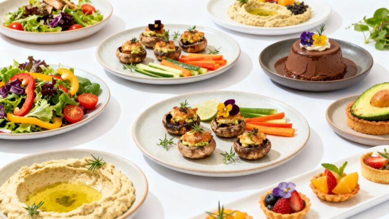 Elegant vegan catering spread with colourful dishes.