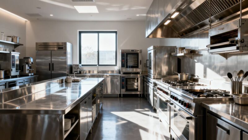 Modern commercial kitchen interior with stainless steel equipment.