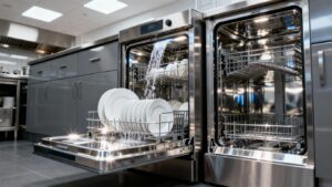 Clean commercial pass-through dishwasher in a UK kitchen.