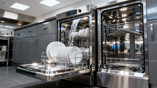 Clean commercial pass-through dishwasher in a UK kitchen.