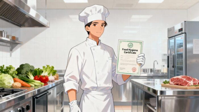 Chef holding a food hygiene certificate in a clean kitchen.