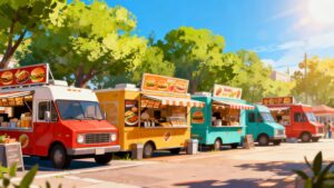 Various colourful catering vans parked on a street.