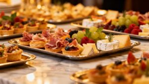 Elegant catering serving trays with gourmet appetizers.