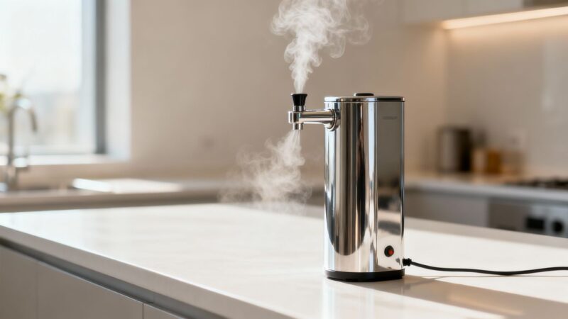 Modern commercial water boiler on a clean kitchen counter.
