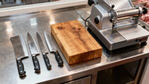 Butcher equipment: knives, chopping block, meat slicer.