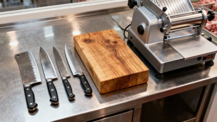 Butcher equipment: knives, chopping block, meat slicer.