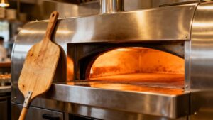 Professional pizza oven in a restaurant kitchen.