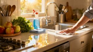 Sparkling kitchen with fresh food and cleaning supplies.