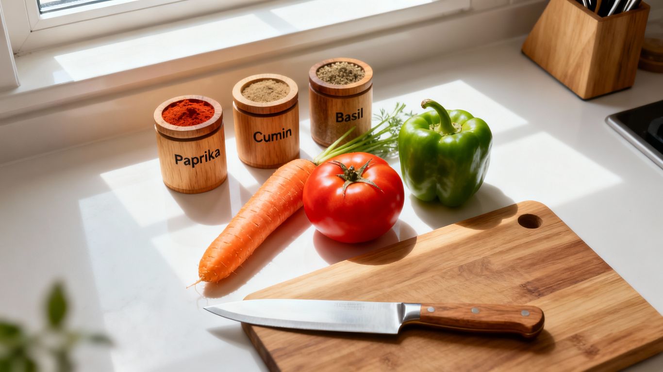 Home kitchen counter with fresh ingredients and cooking tools.