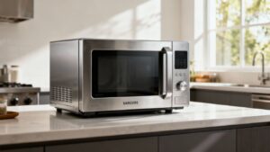 Samsung commercial microwave on a clean kitchen counter.
