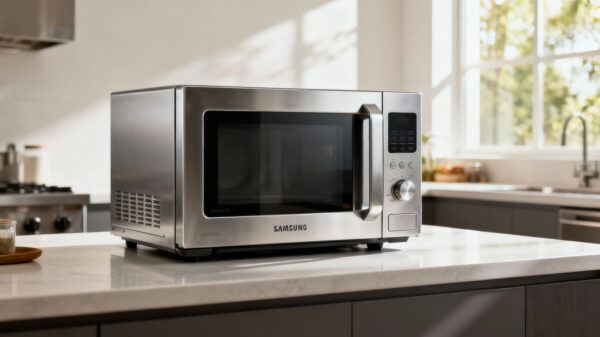 Samsung commercial microwave on a clean kitchen counter.