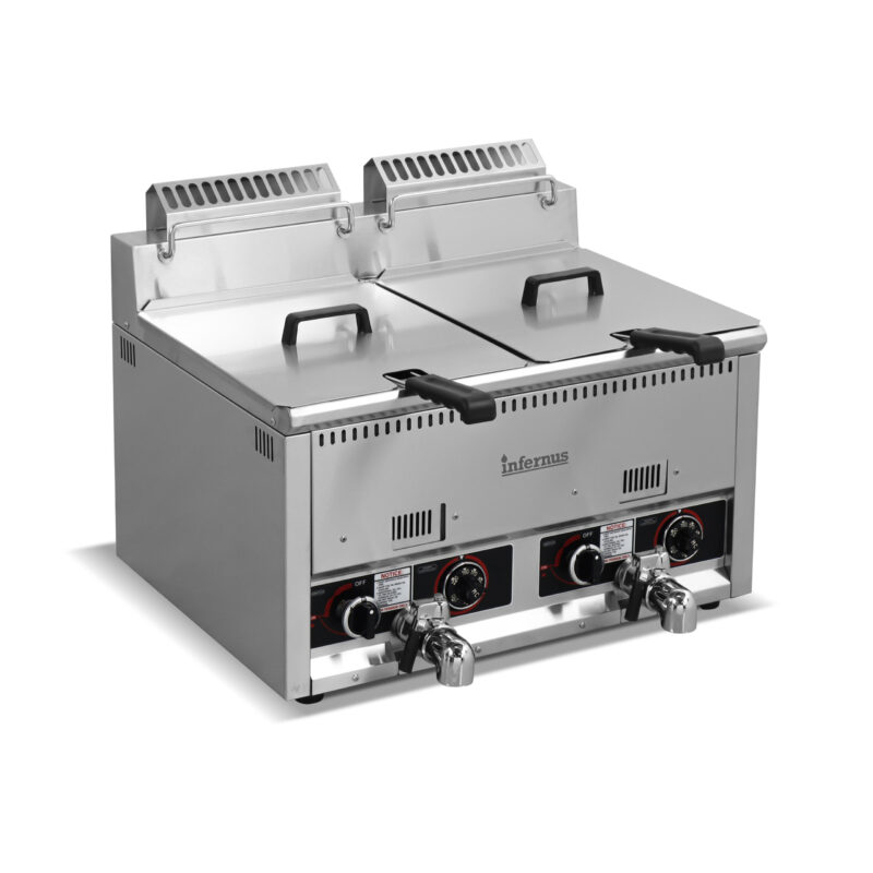Twin tank LPG countertop gas fryer, stainless steel.